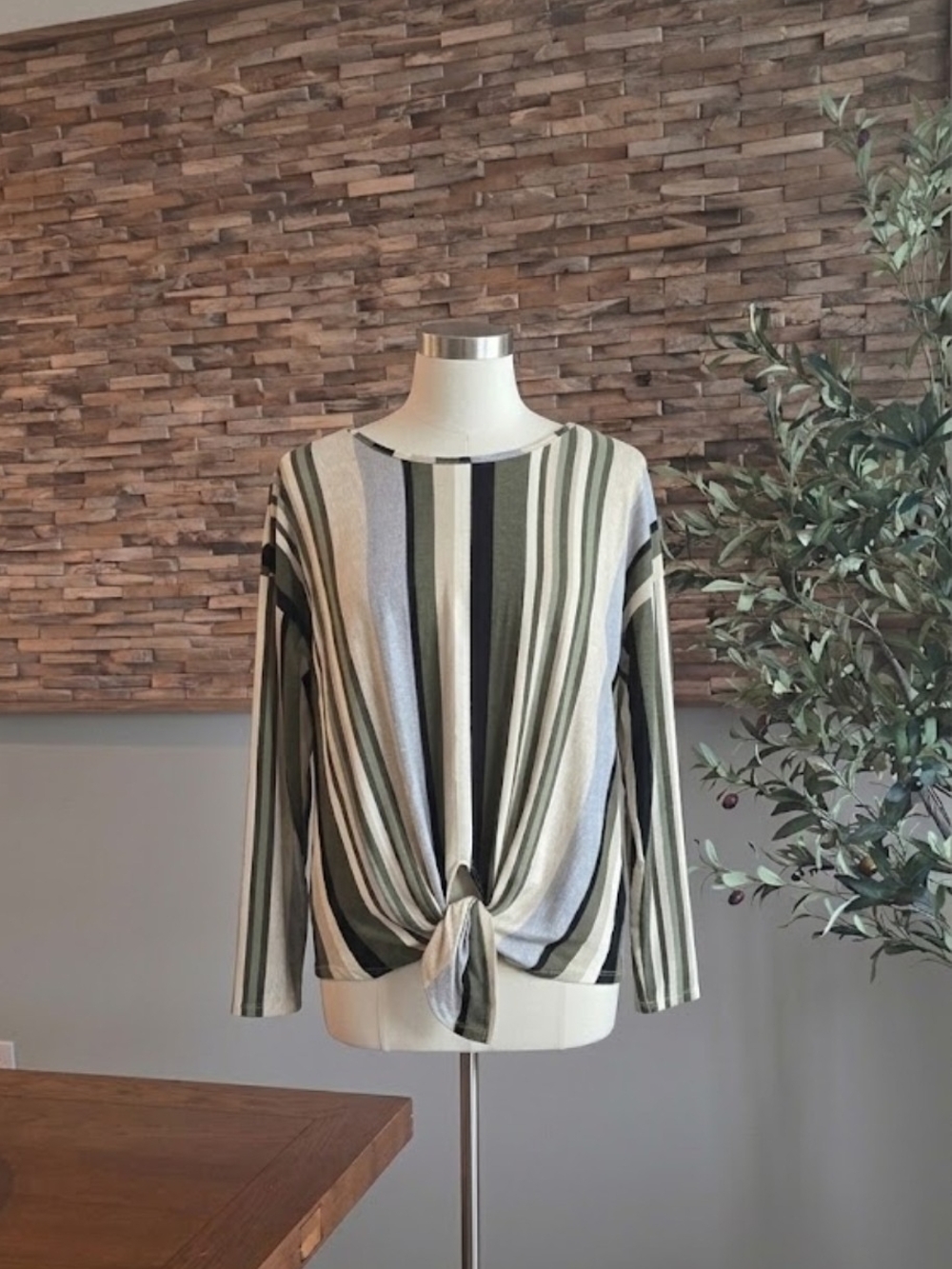 Absolutely Famous Striped Tie-Front Long Sleeve Top in Olive and Gray